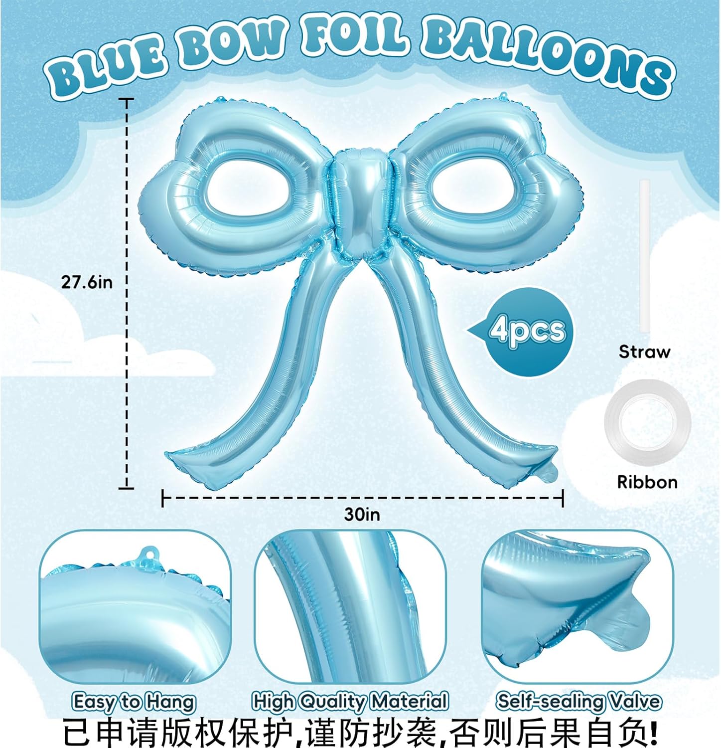 4 Pcs Blue Bow Balloons for Birthday Party Decorations