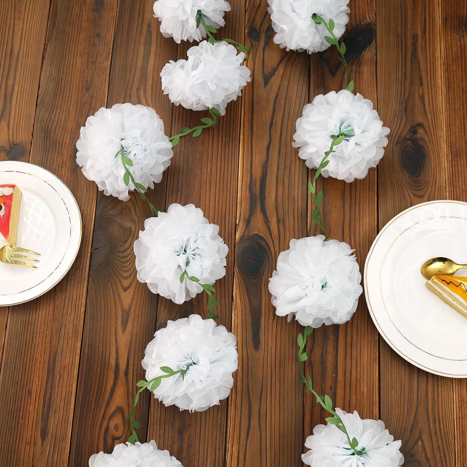 Homarkable Tissue Paper Pom Pom Garland with Green Leaves