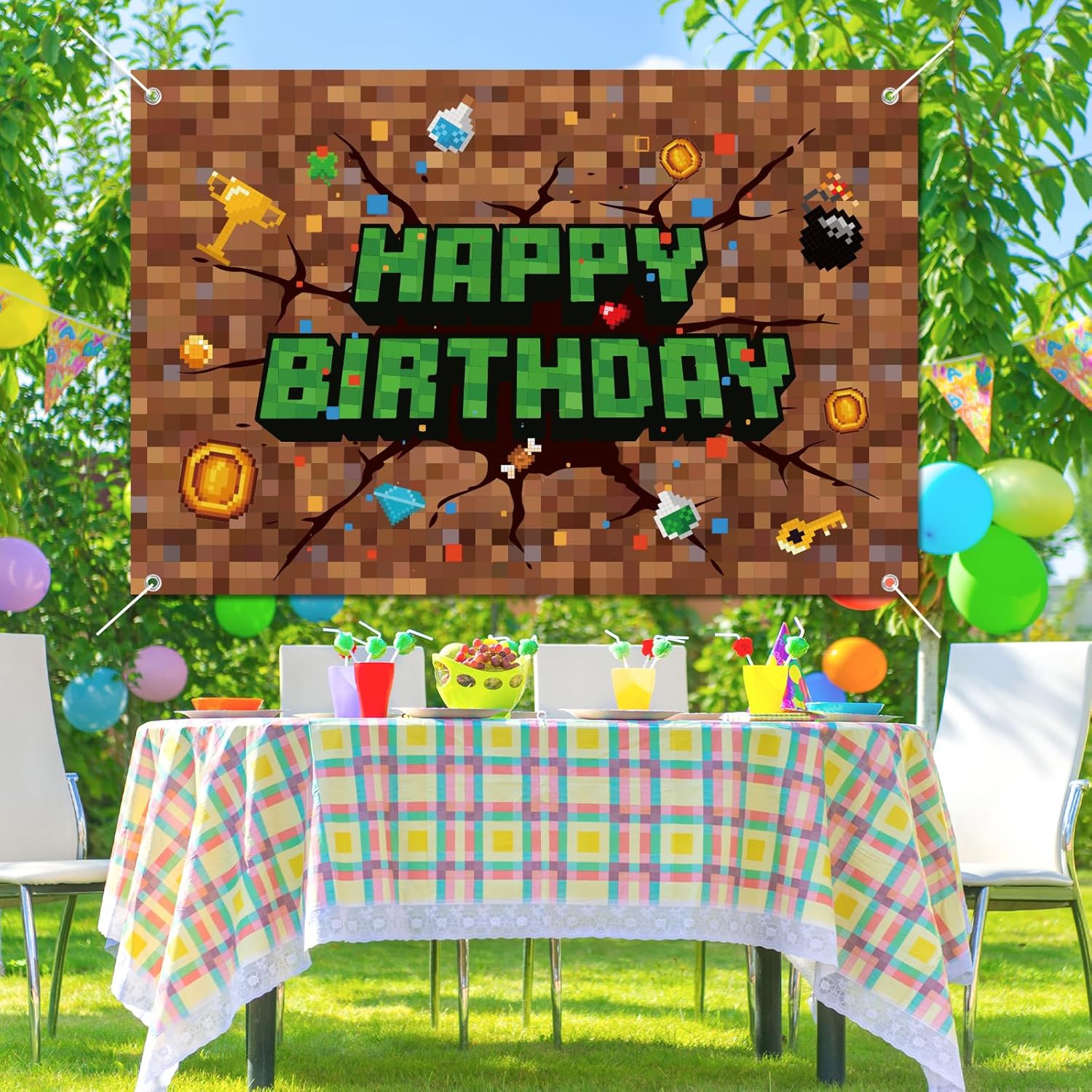 Pixel Birthday Decorations 5x3 ft Happy Birthday Banner