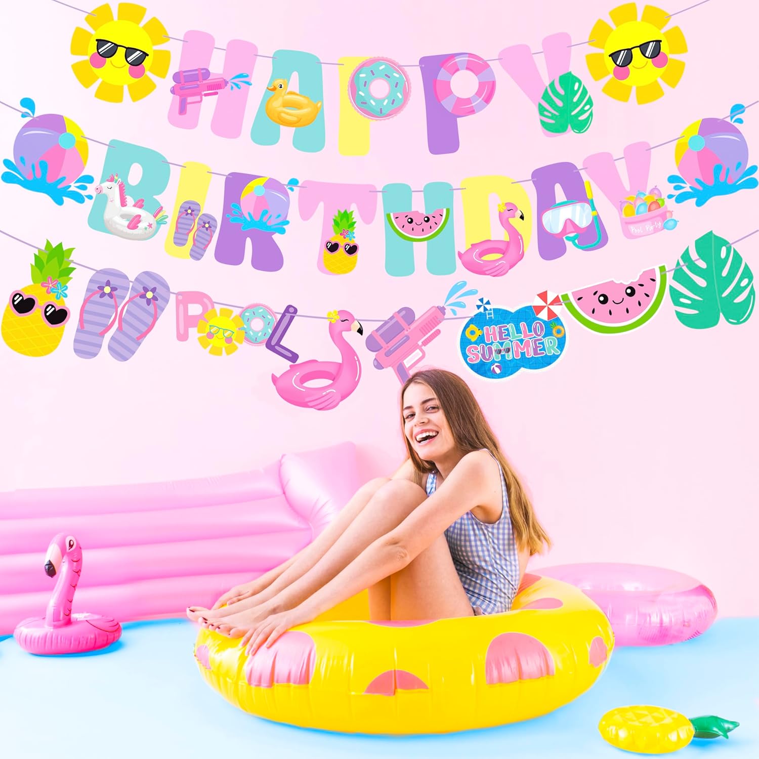 Pool Party Happy Birthday Banner Garland Decorations