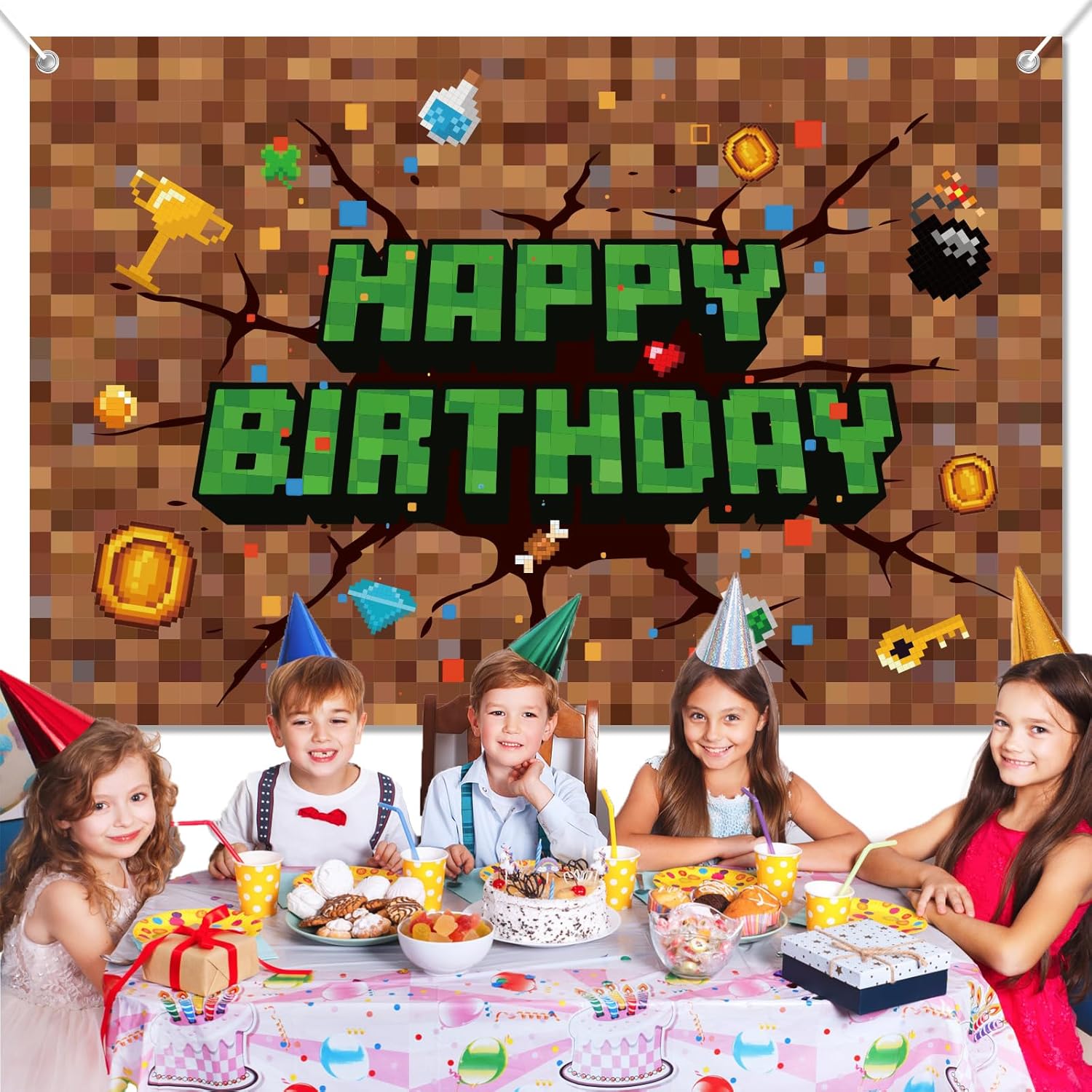 Pixel Birthday Decorations 5x3 ft Happy Birthday Banner