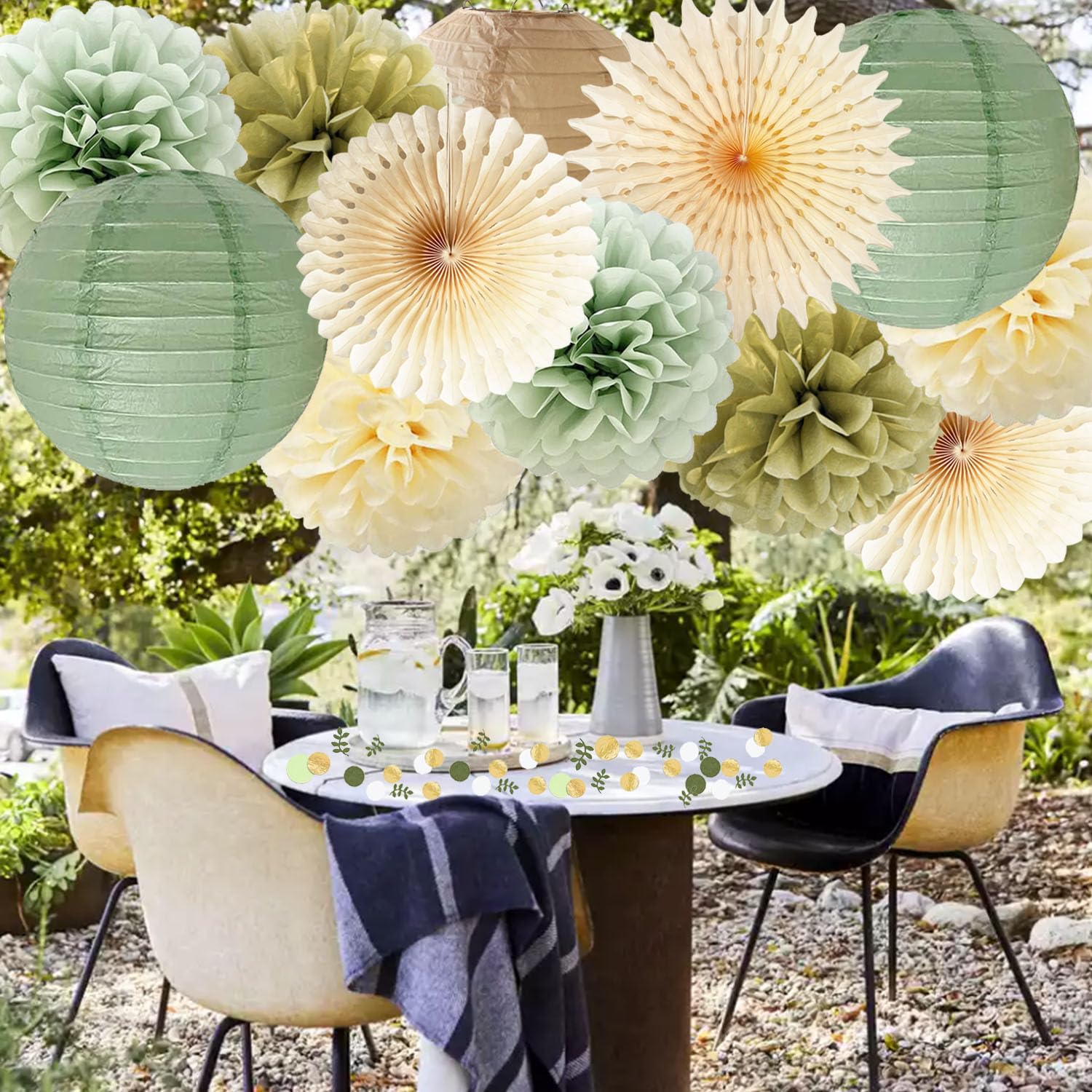 Sage Green Party Decorations Set with Pom Poms and Lanterns