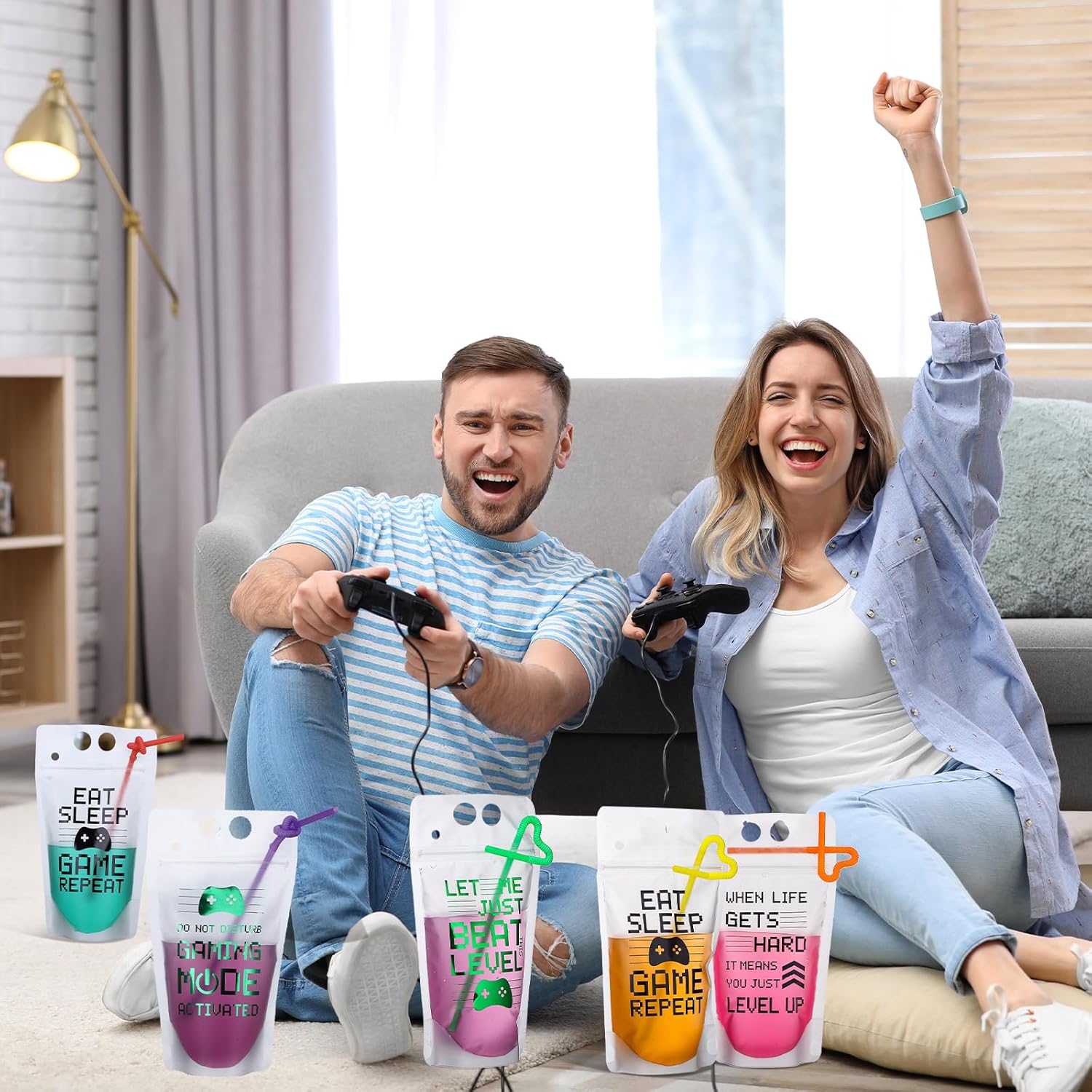 Suclain 24 Pcs Video Game Party Drink Pouch Cups with Straws