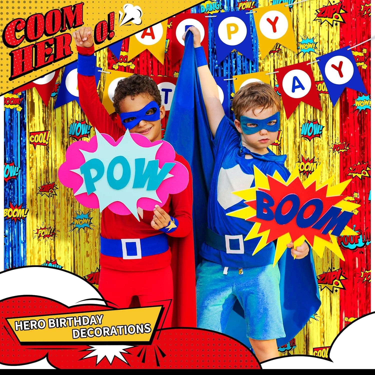 Hero Birthday Decorations 2 Pack Metallic Foil Curtains
