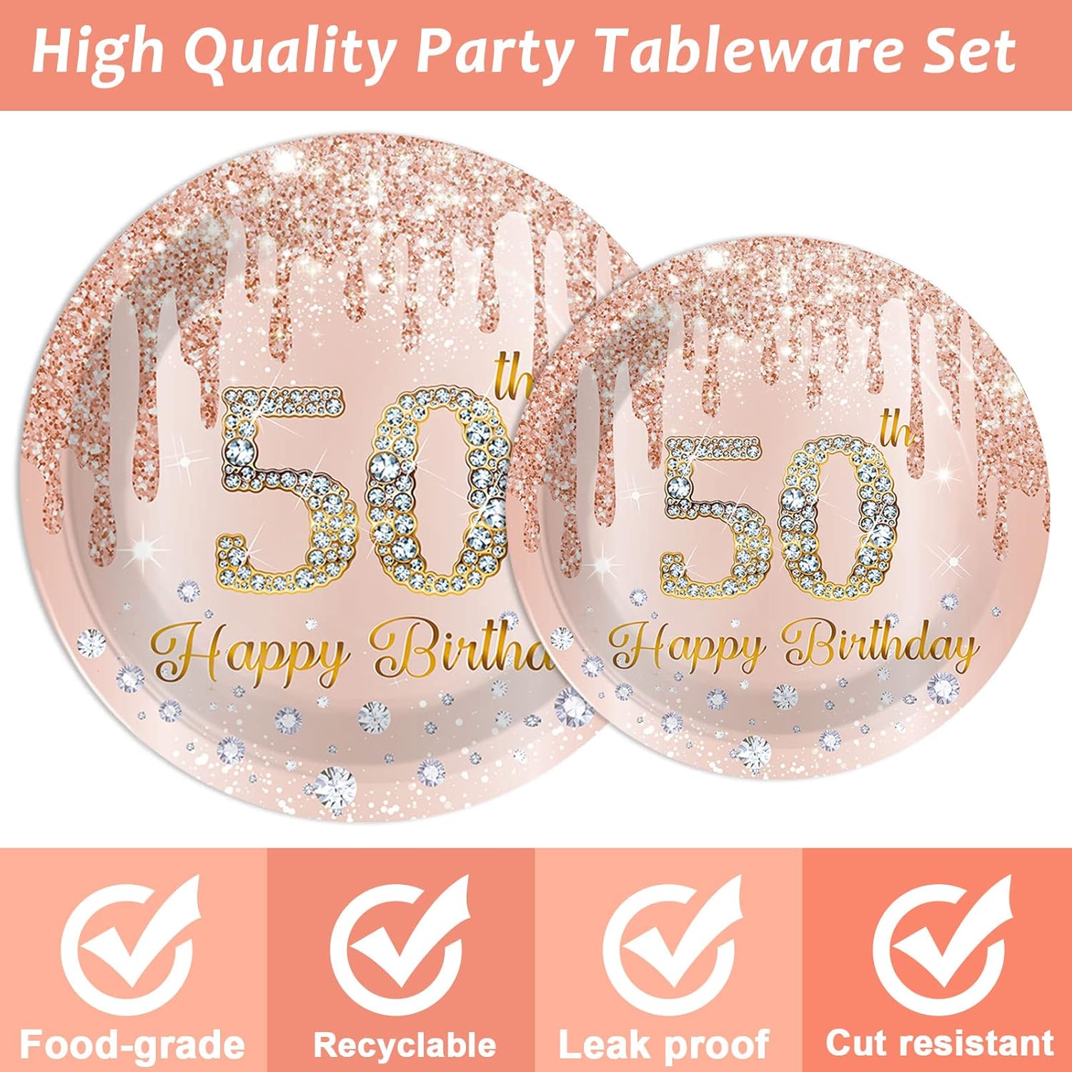 96 Piece 50th Birthday Tableware Set Pink Rose Gold