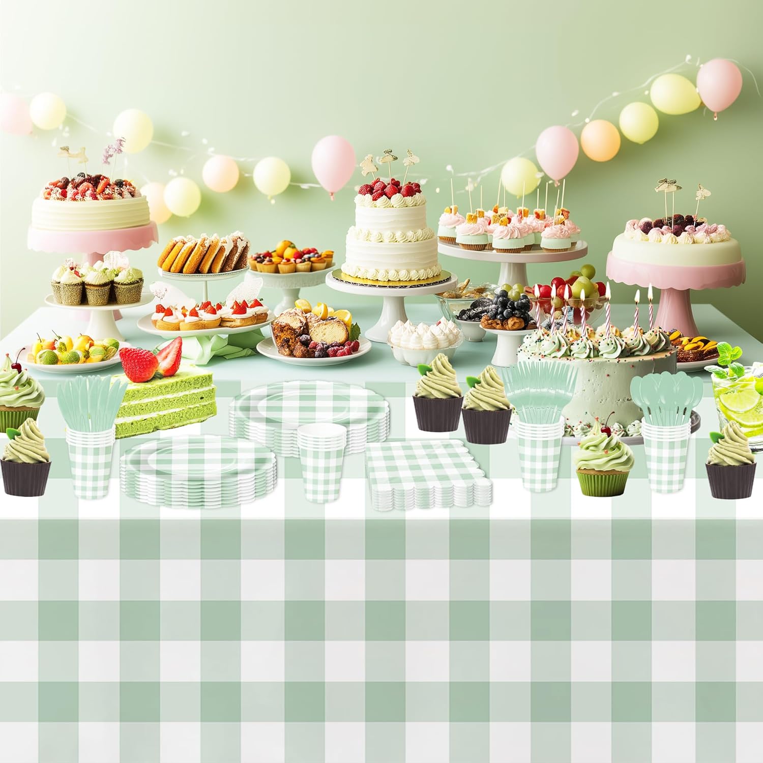 Sage Green Gingham Tablecloth 3 Pack for Birthday and Baby Shower