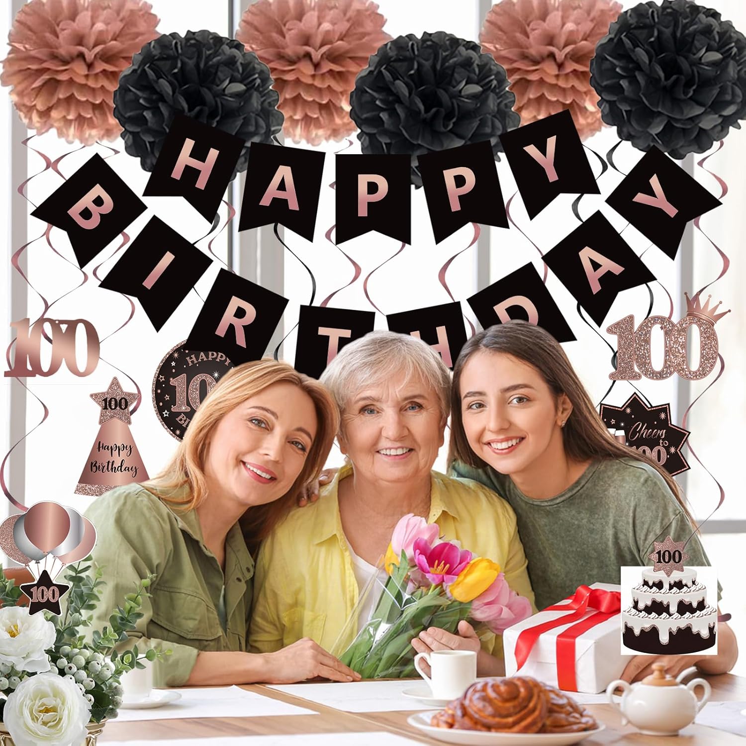 BRT Bearingshui 100th Birthday Streamers Decoration Set Rose Gold Black