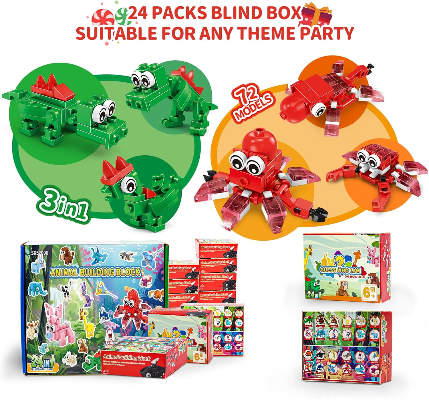 24 Pack 72 Animal Building Blocks for Kids