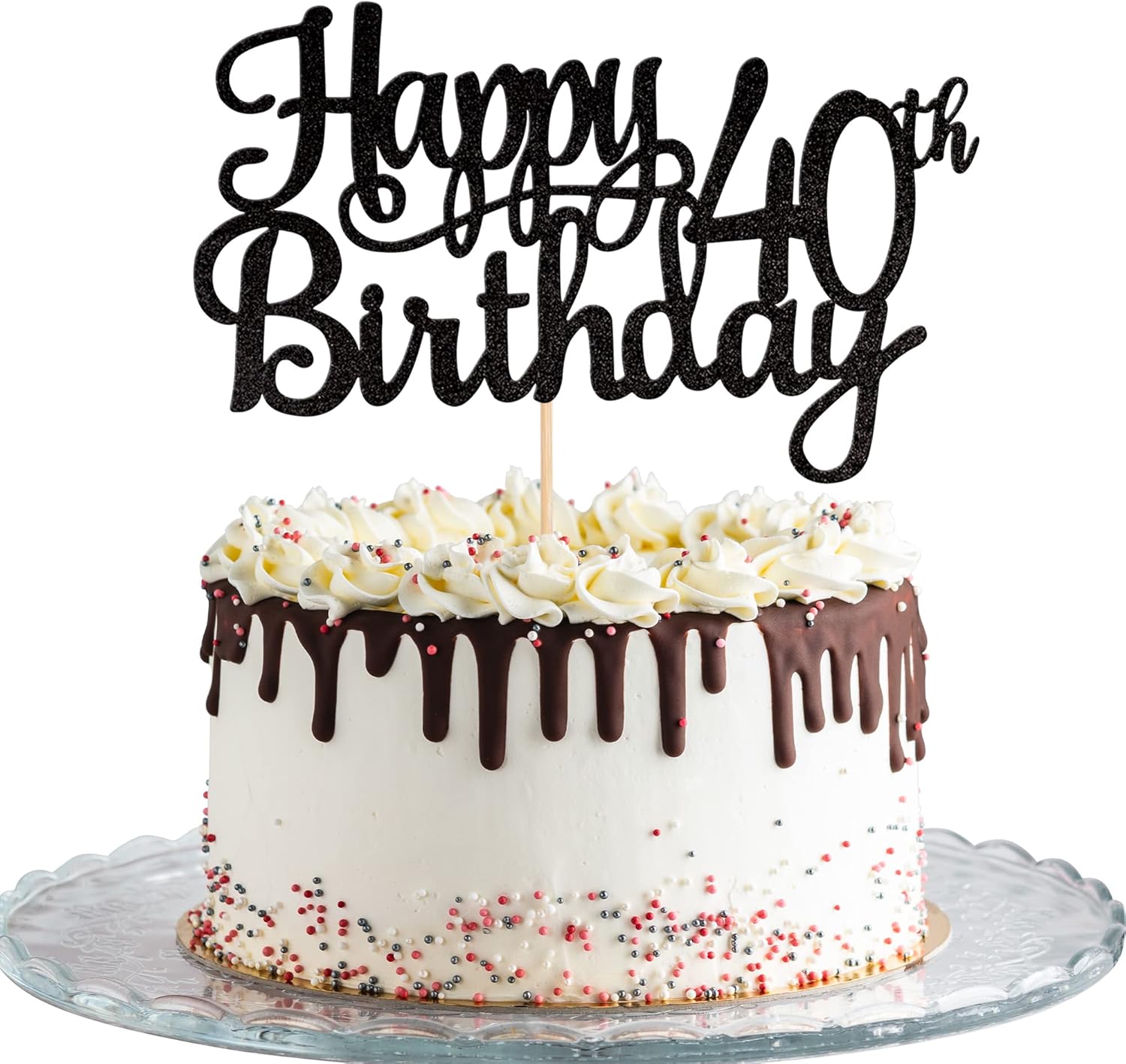 Happy 40th Birthday Cake Topper with Glitter Bamboo Stick