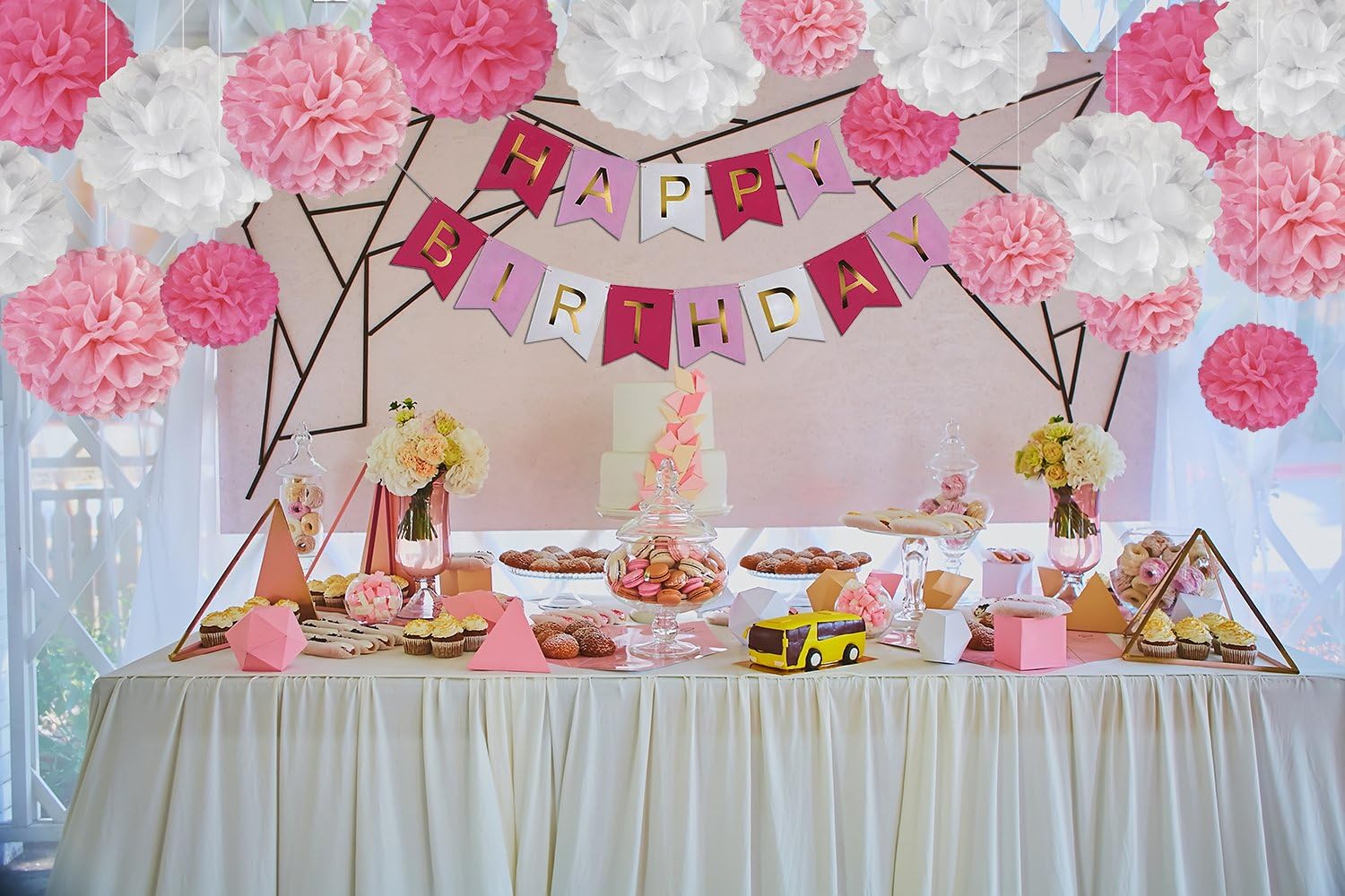 DIY Pink Birthday Decor Kit with Pom Poms and Banner