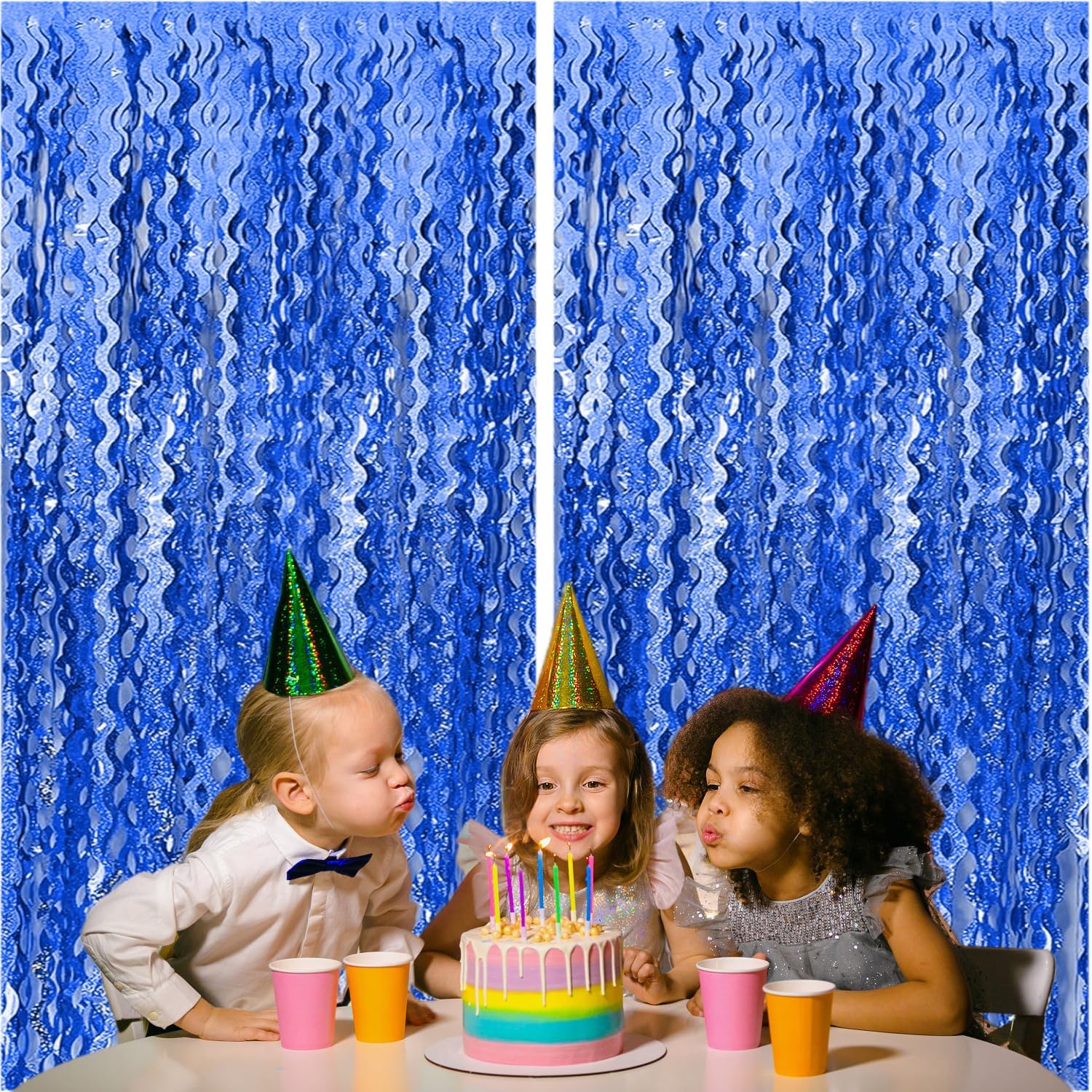 2 Pack Navy Blue Wavy Foil Fringe Curtains 33x66 Ft