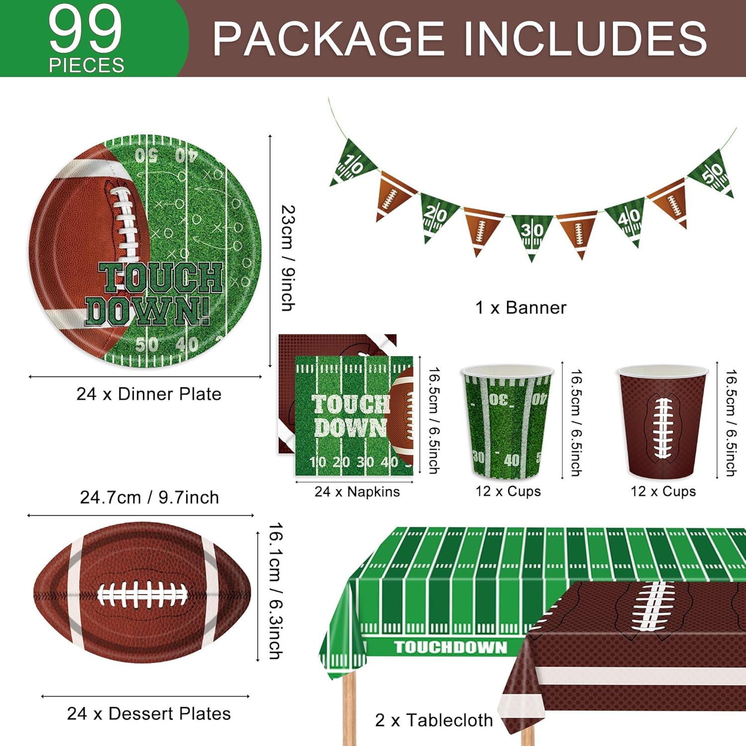Football Party Supplies Kit Serve 24 Includes Plates Cups Napkins Banner Tablecloth