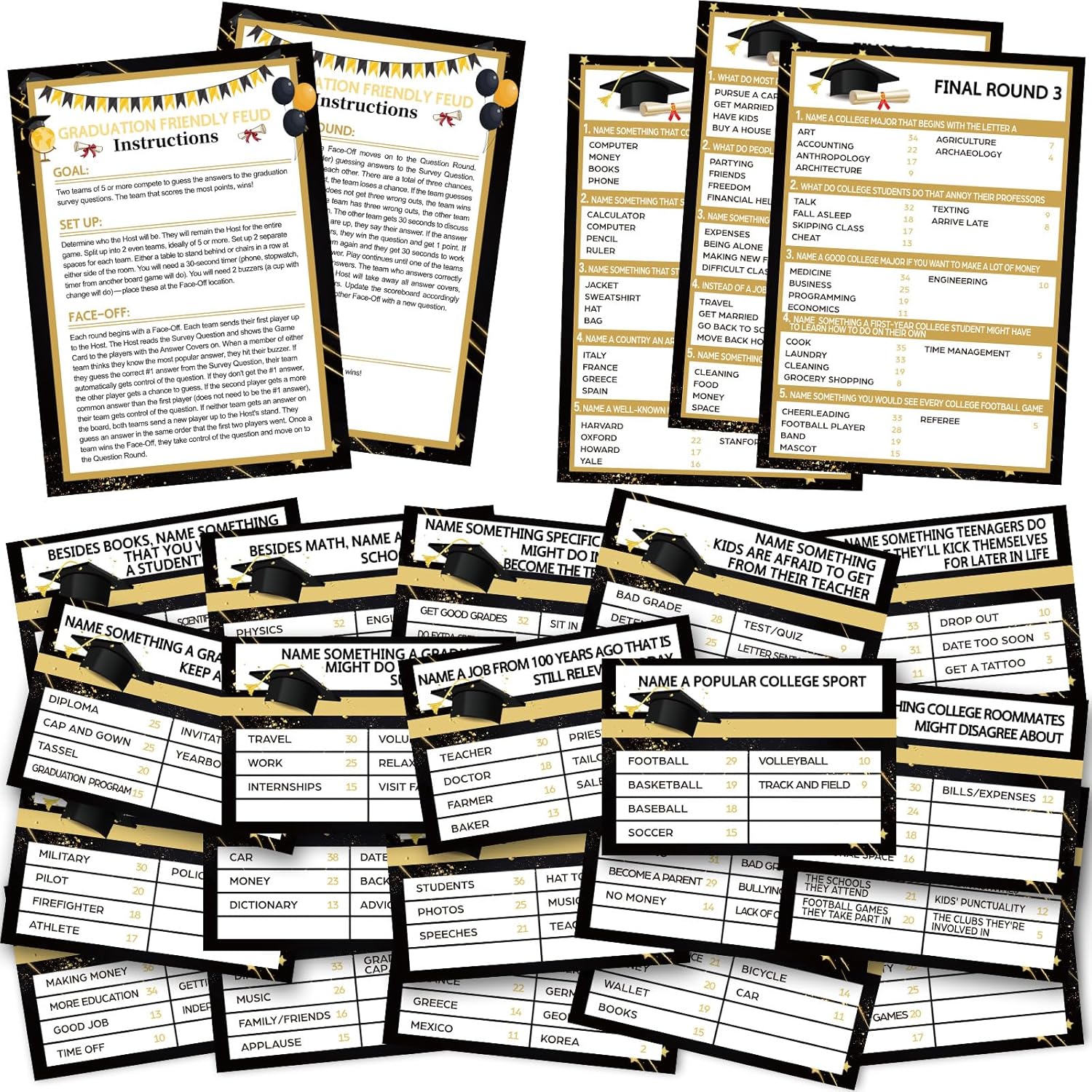 Graduation Feud Cards 25 Pcs Game for Parties and Trivia Fun