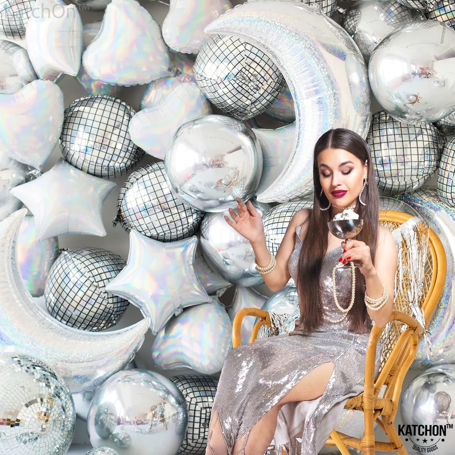 KatchOn Big Silver Disco Ball Balloons 22 Inch Pack of 6