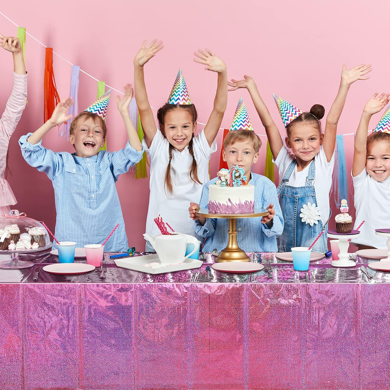 4 Pack Iridescent Pink Plastic Tablecloths for Parties