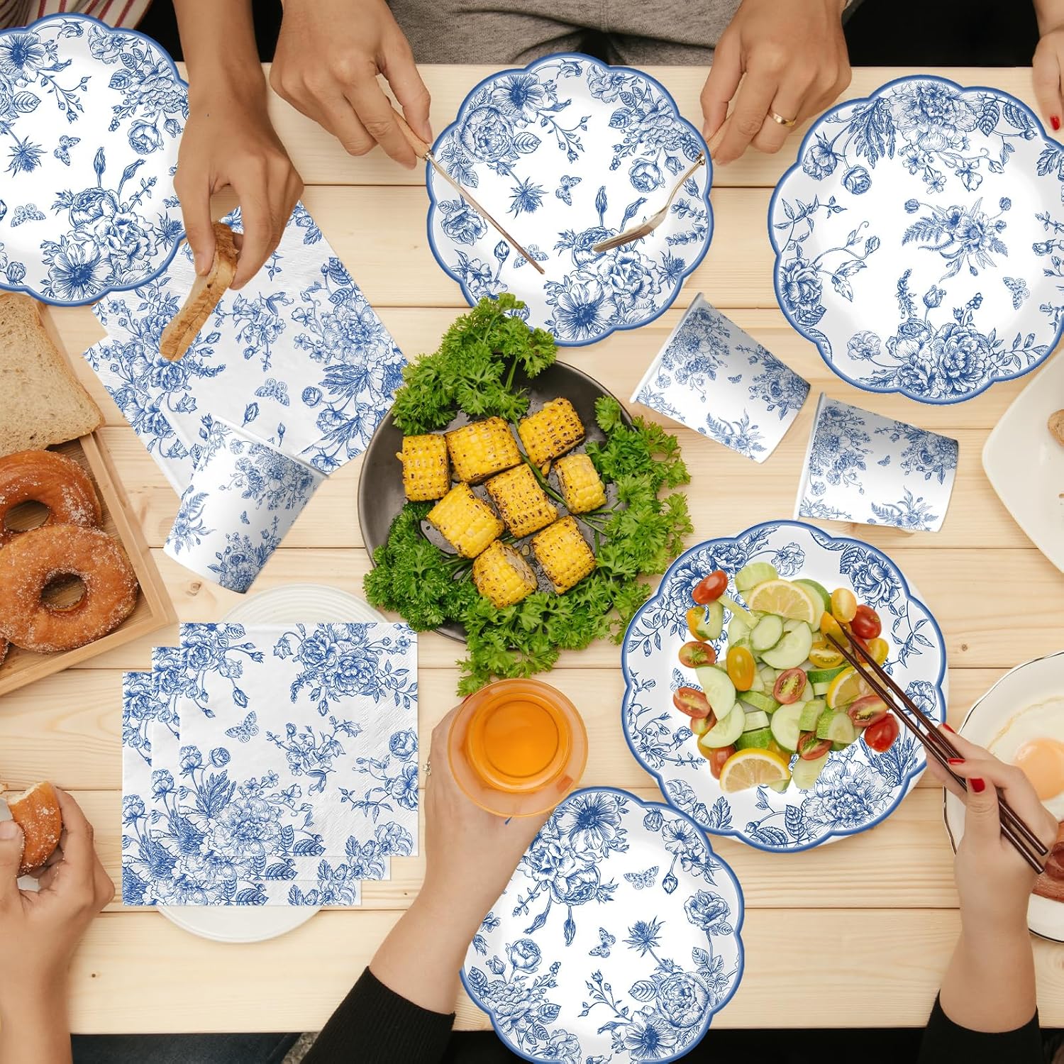 144Pcs Blue Floral Plates and Napkins Set
