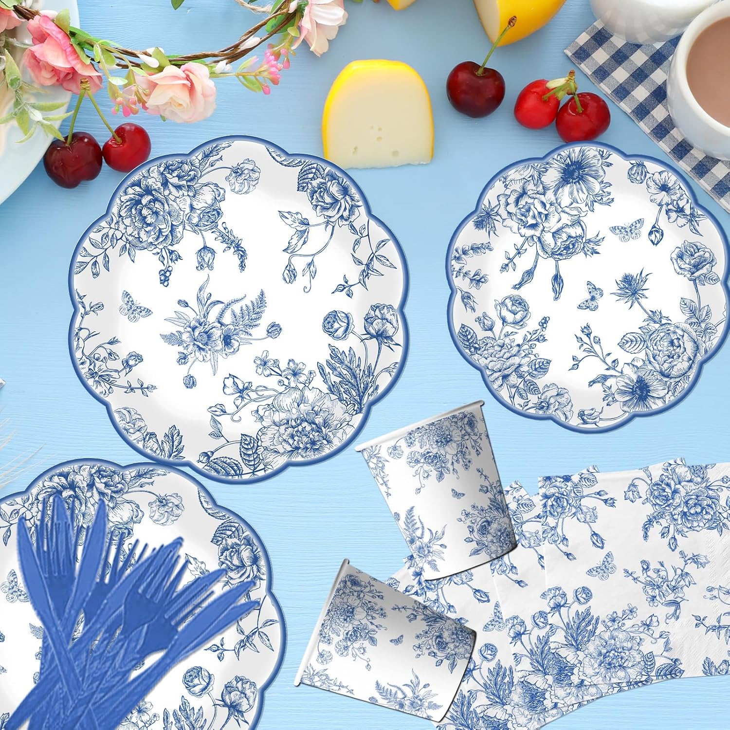 144Pcs Blue Floral Plates and Napkins Set