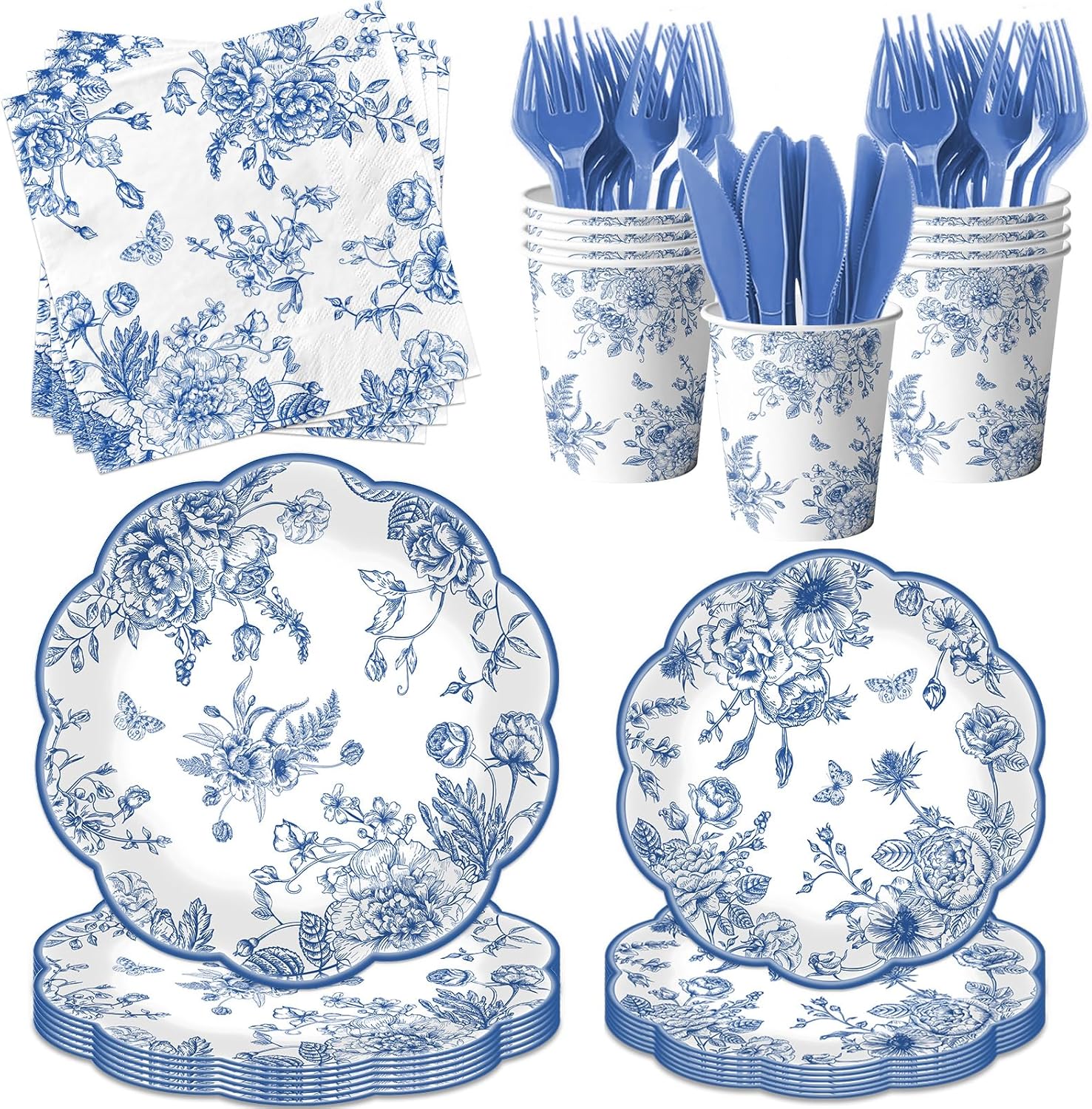 144Pcs Blue Floral Plates and Napkins Set