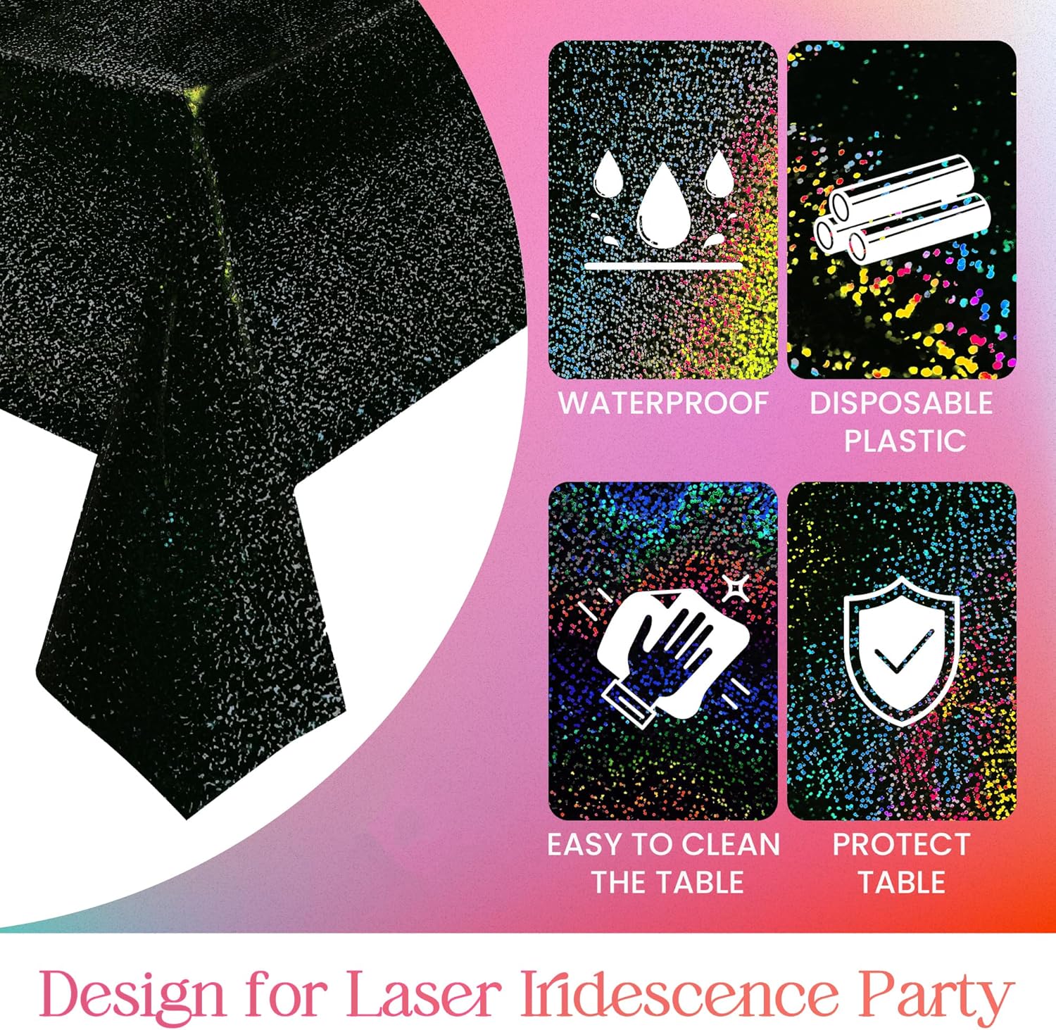 2 Pcs Black Holographic Laser Tablecloth for Parties