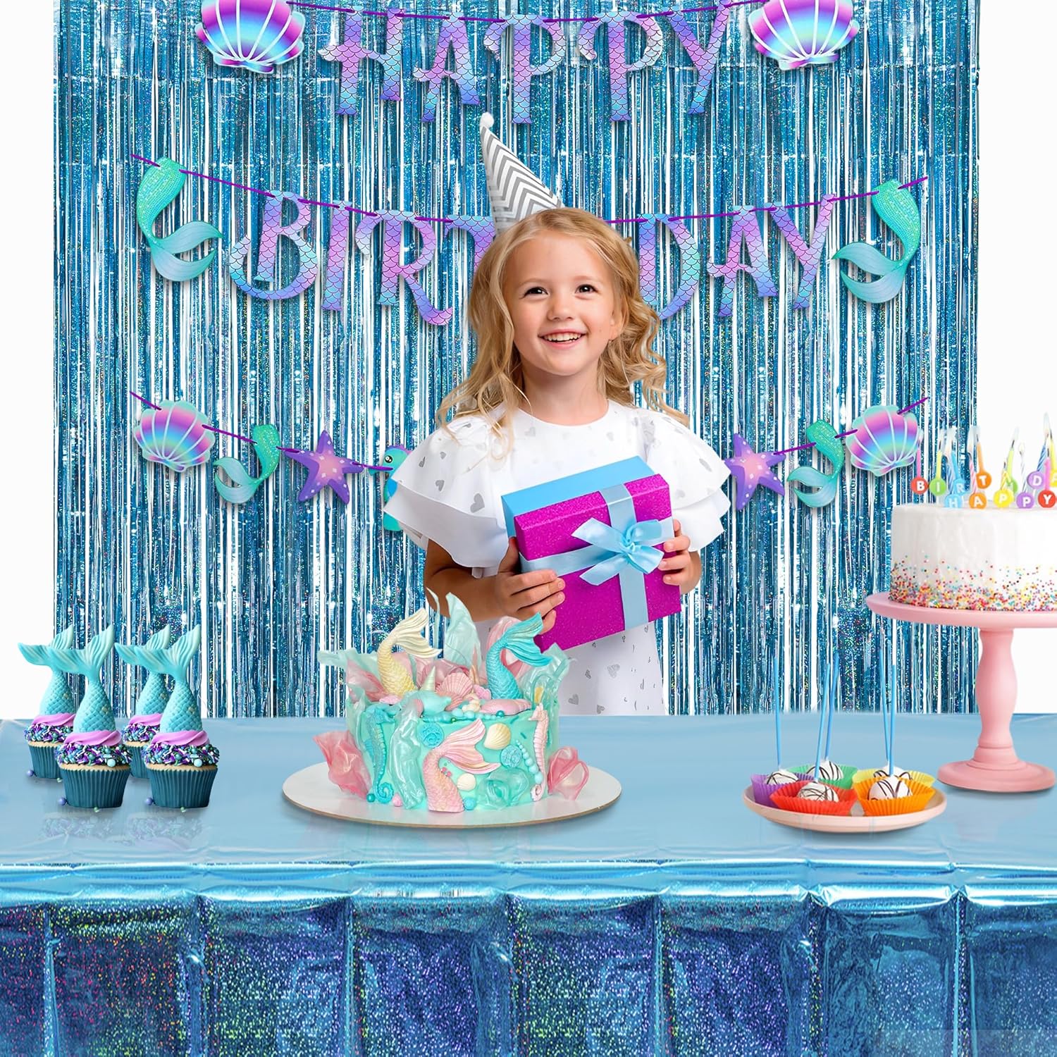 GREATRIL Blue Party Table Cover with Glitter Iridescent Finish