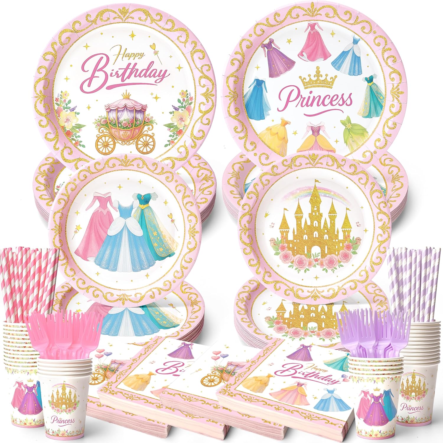 300 Pcs Princess Paper Plates Napkins Set