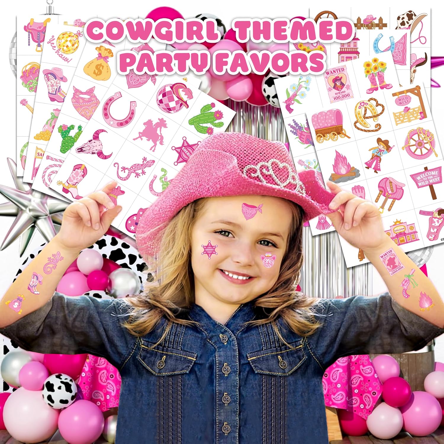96 PCS Pink Disco Cowgirl Temporary Tattoos for Kids