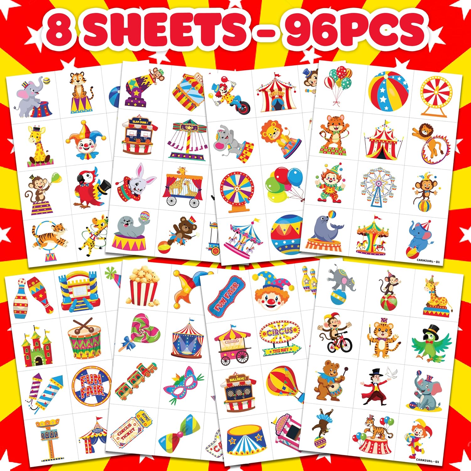 96PCS Carnival Circus Clown Temporary Tattoos for Kids