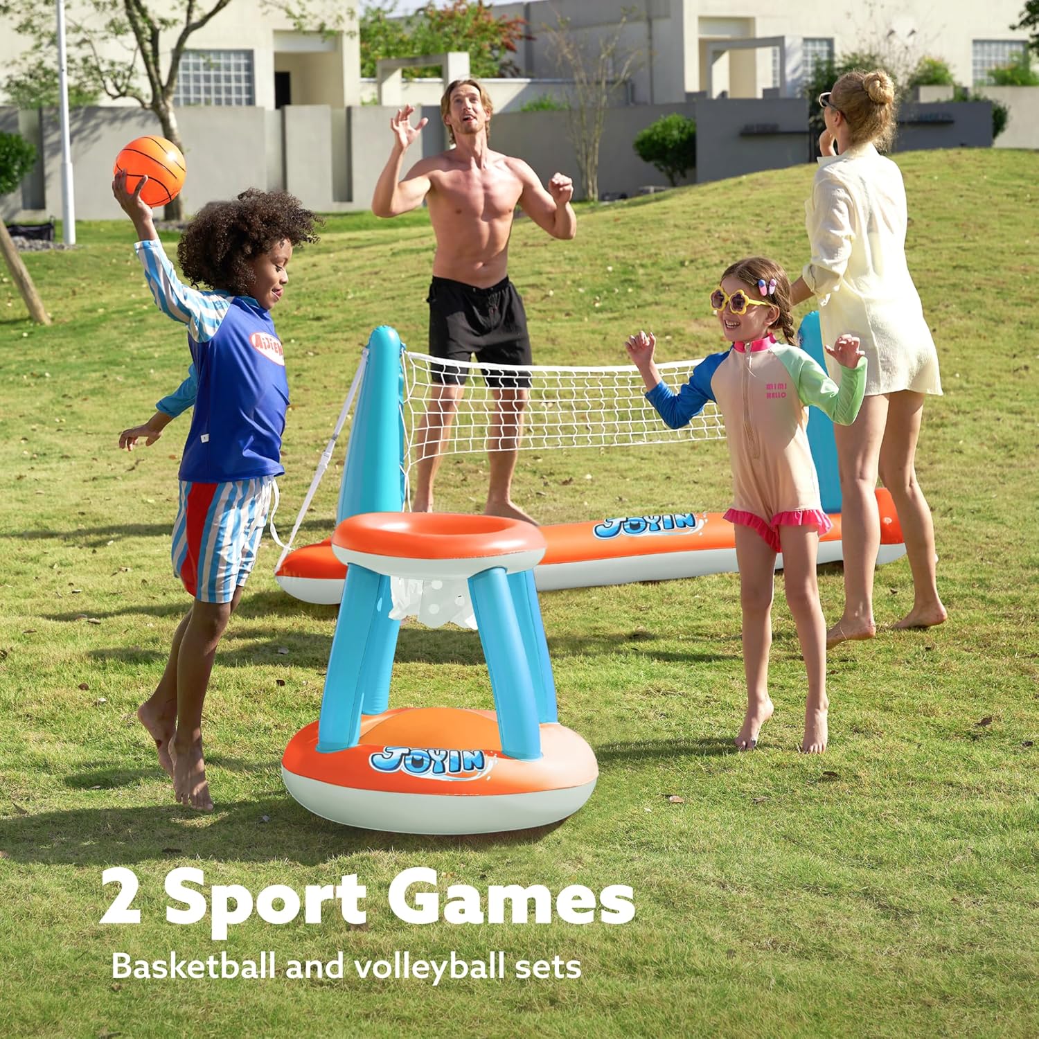 JOYIN Inflatable Pool Float Set with Volleyball Net and Basketball Hoops