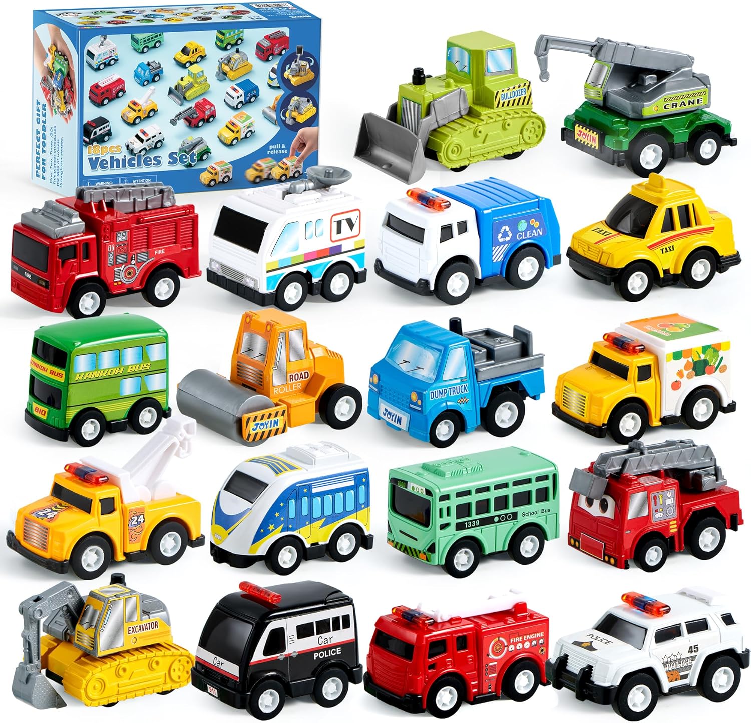 JOYIN 18 Pcs Friction Powered Toy Vehicles Set