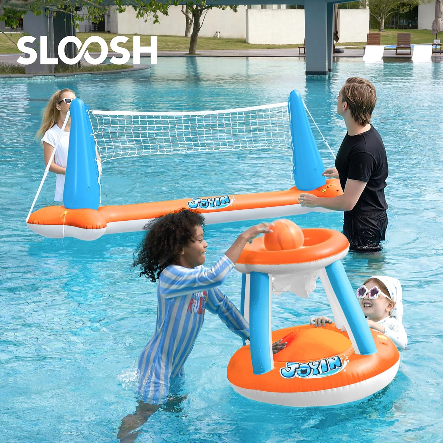 JOYIN Inflatable Pool Float Set with Volleyball Net and Basketball Hoops