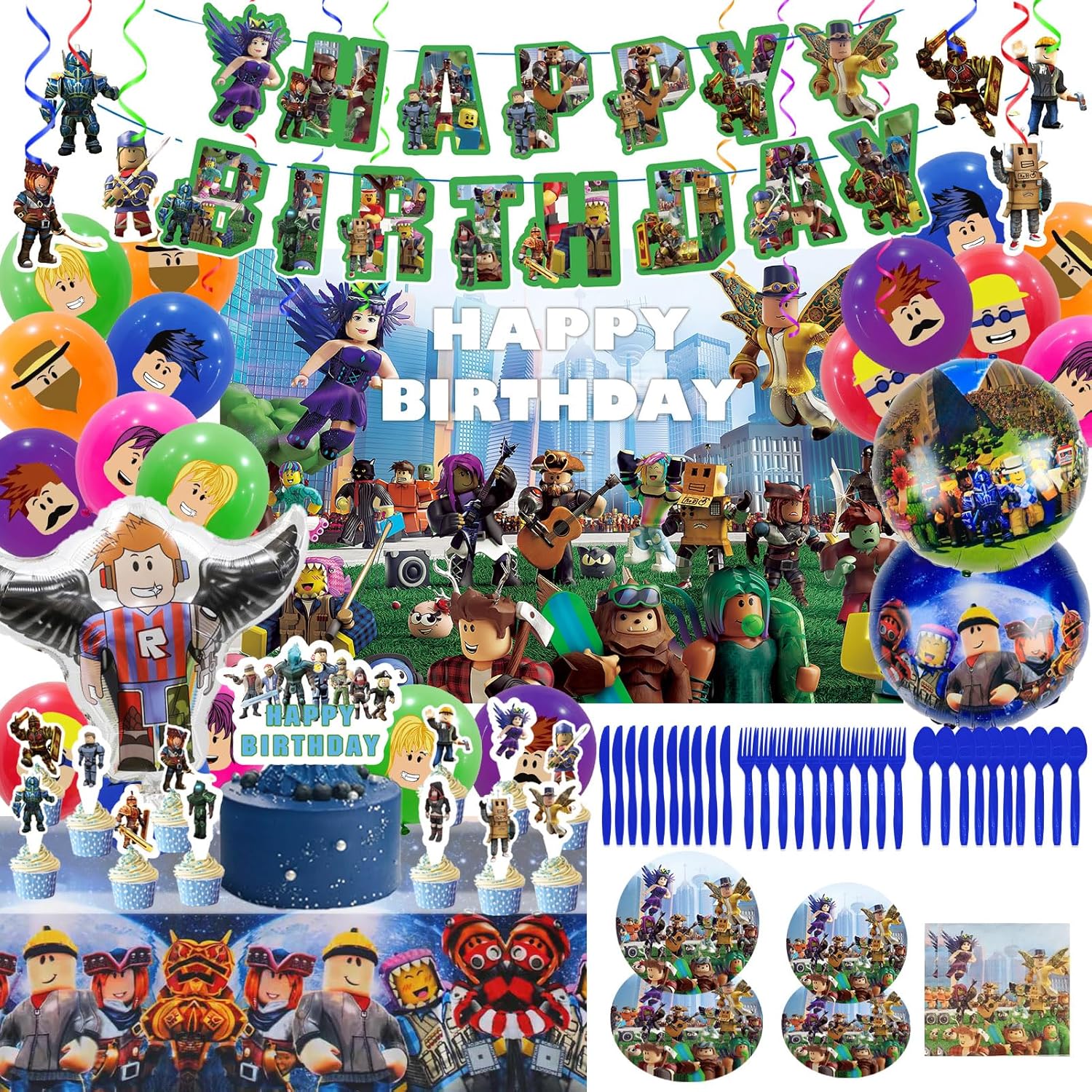 Birthday Party Decorations Set with Banner Backdrop Balloons Tableware
