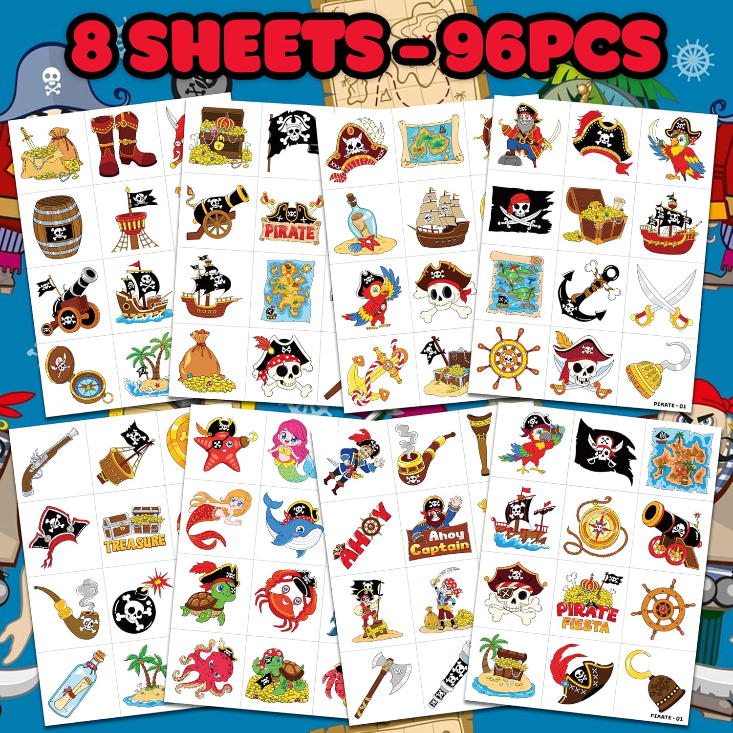 96PCS Pirate Ship Nautical Temporary Tattoos for Kids