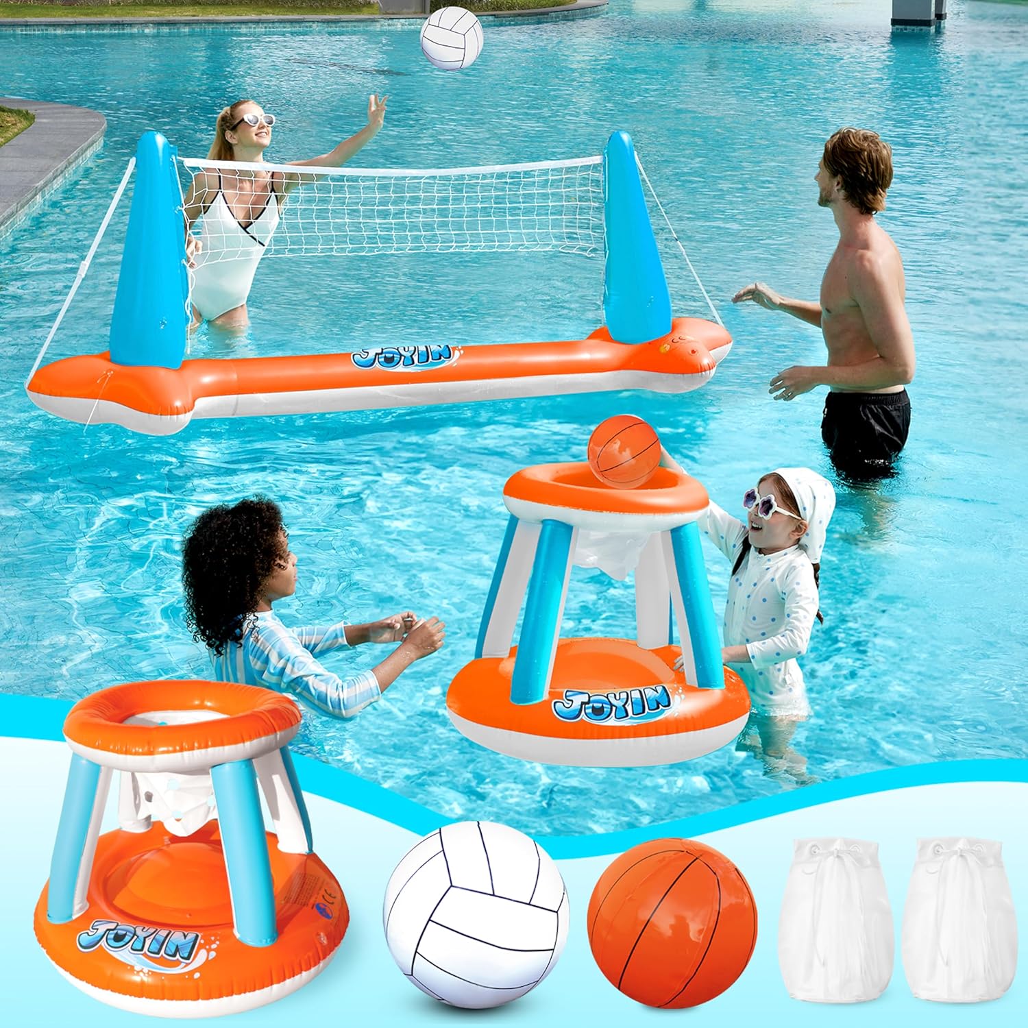 JOYIN Inflatable Pool Float Set with Volleyball Net and Basketball Hoops