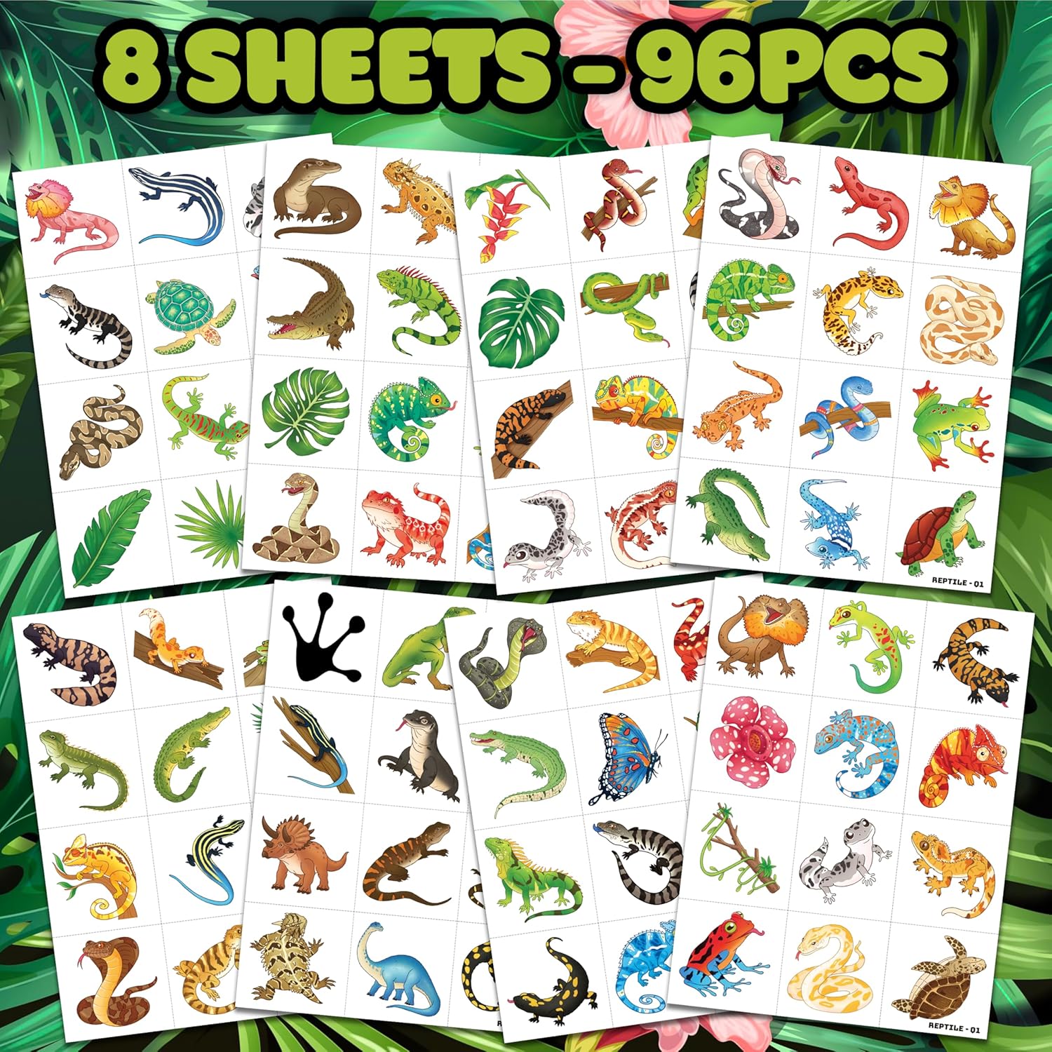 96PCS Reptile Animal Temporary Tattoos for Kids