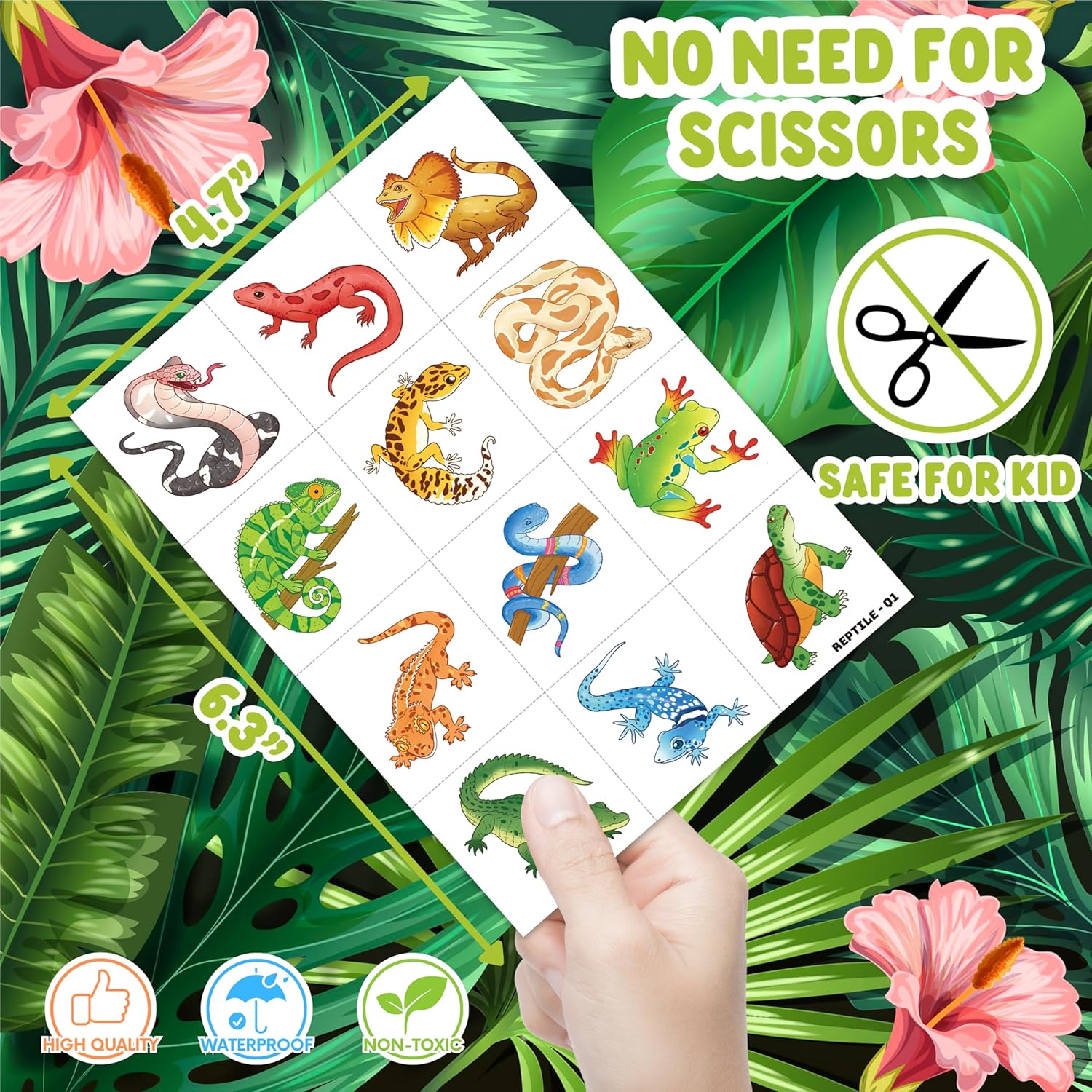 96PCS Reptile Animal Temporary Tattoos for Kids