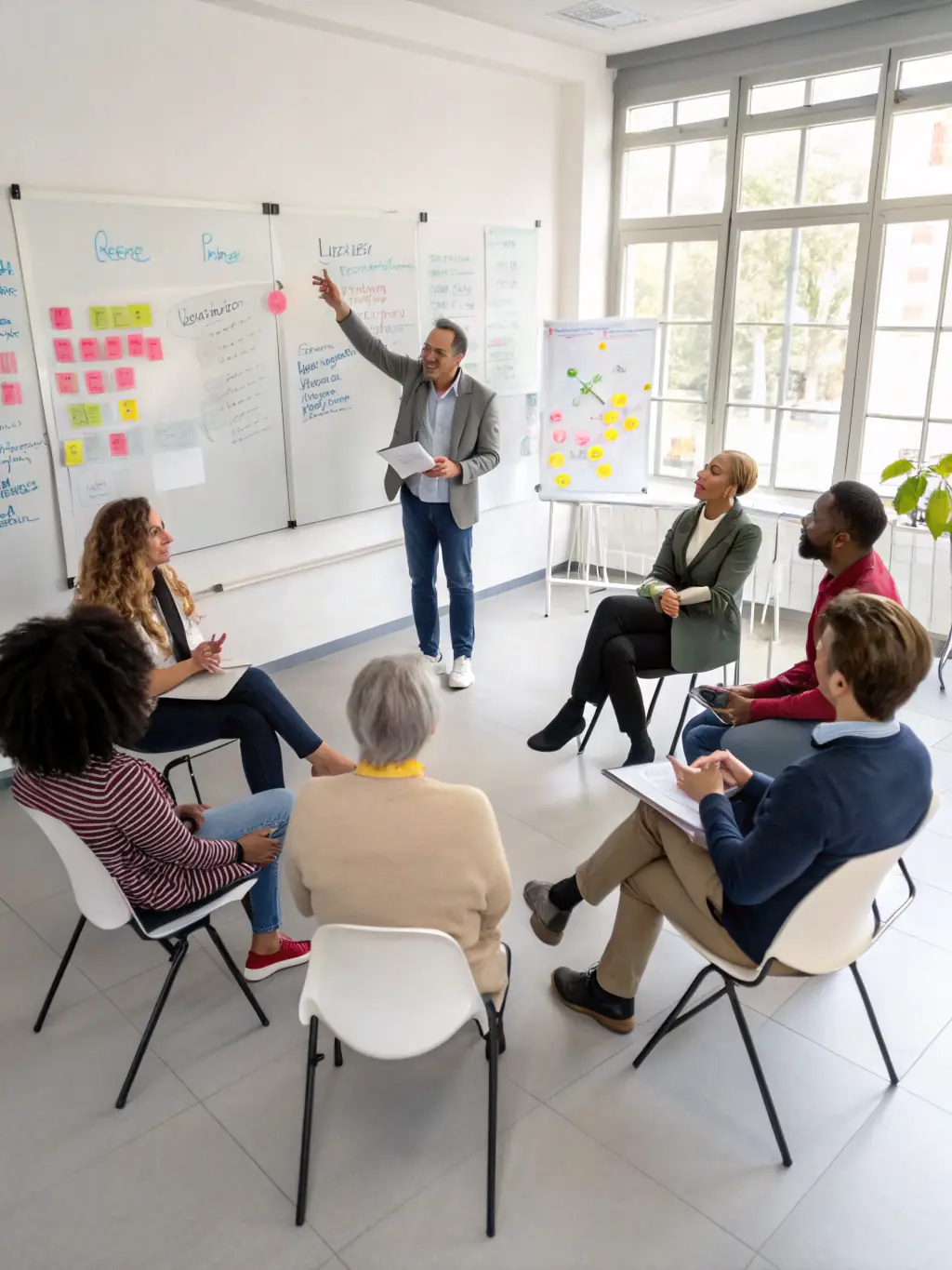 A consultant facilitating a workshop with a client team, fostering collaboration and knowledge sharing.