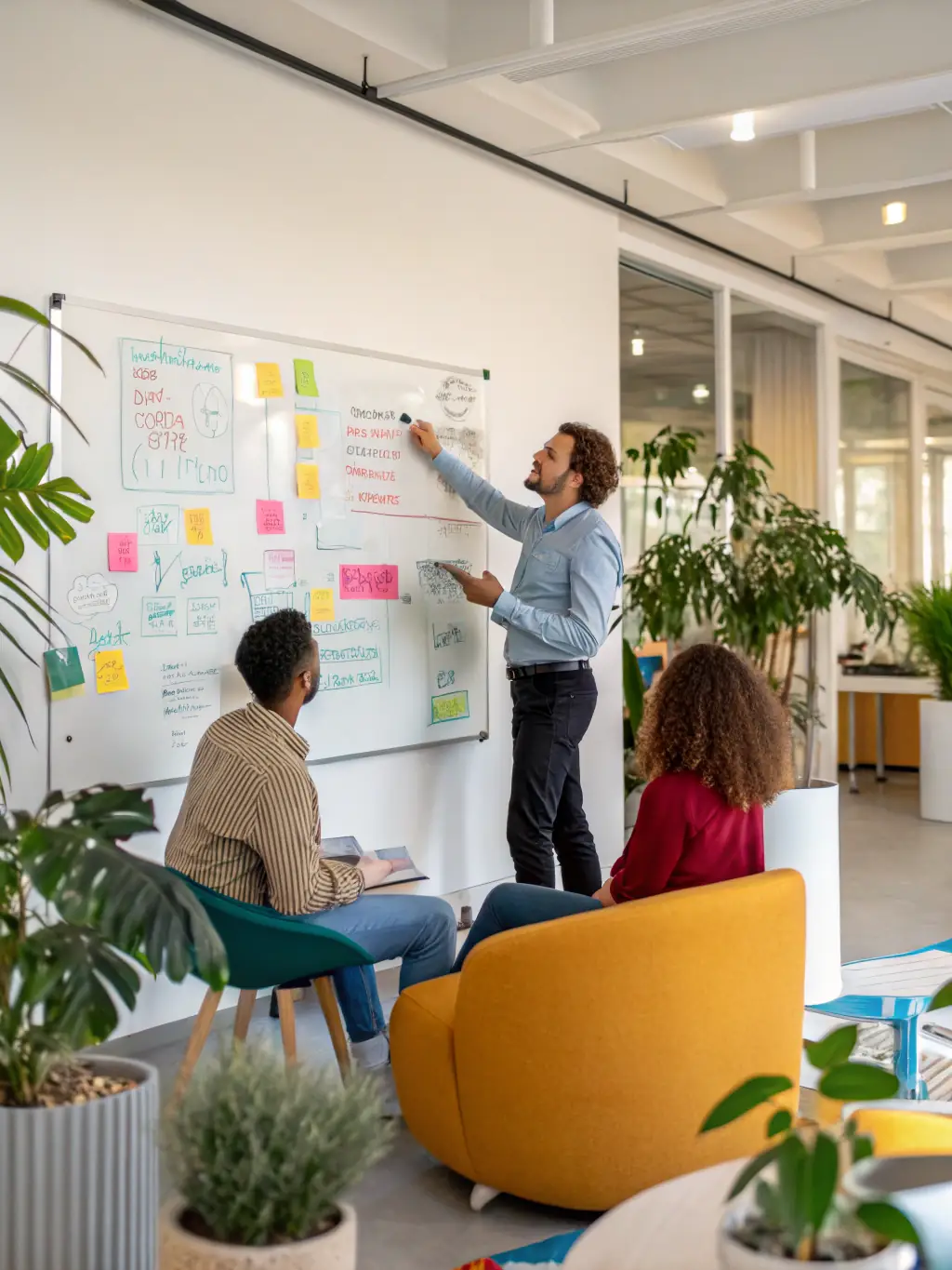 A diverse team of consultants brainstorming and collaborating on innovative solutions, showcasing the company's collaborative approach.