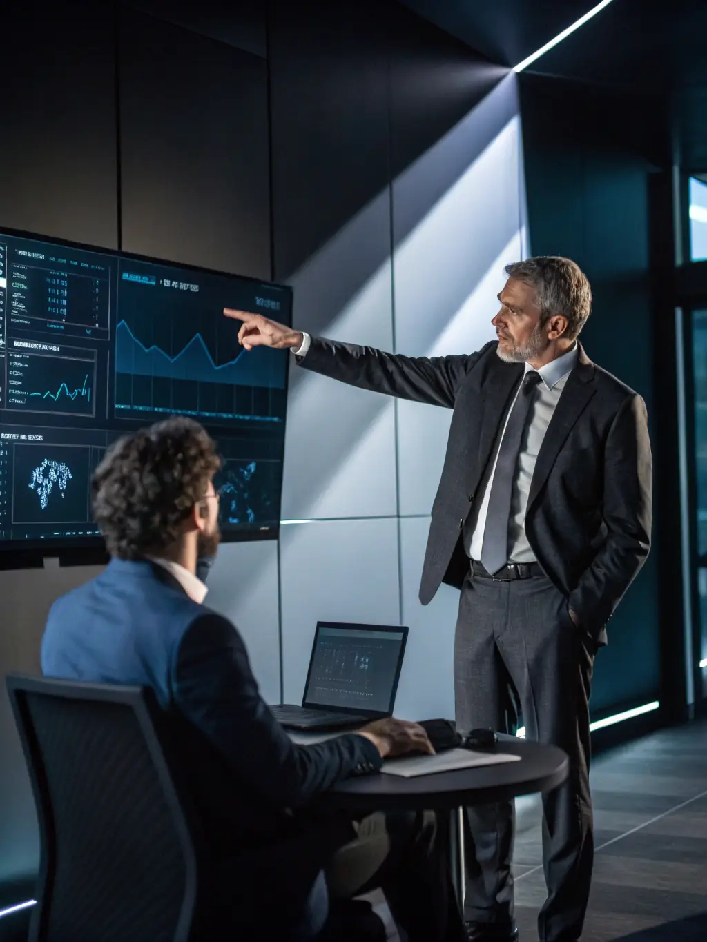 A consultant presenting a digital transformation roadmap to a client, showcasing key milestones and strategic initiatives.