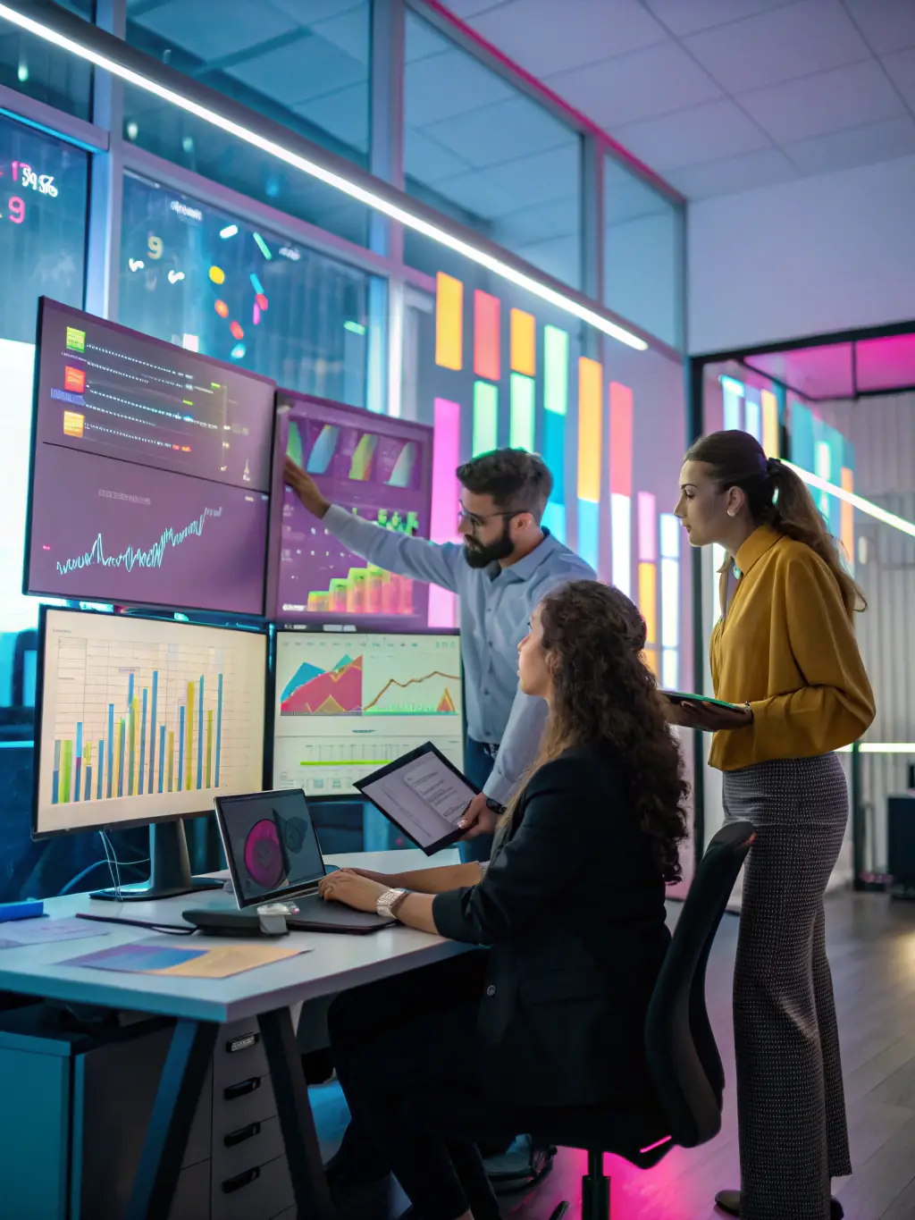 An image depicting data analysts working with complex datasets and visualizations, highlighting the use of data-driven insights.