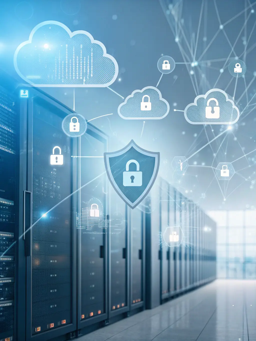 A graphic illustrating cybersecurity measures, such as firewalls and encryption, protecting sensitive data from cyber threats.