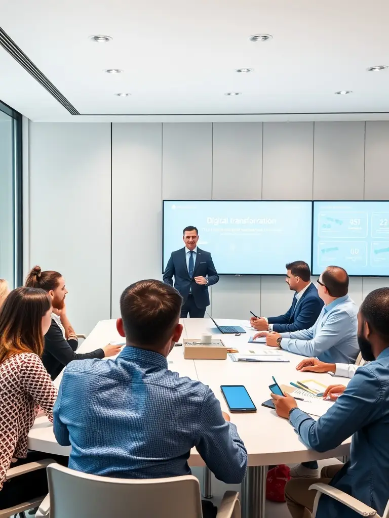 A professional photograph of a consultant leading a workshop on digital transformation strategies, with participants actively engaged in discussions and brainstorming.